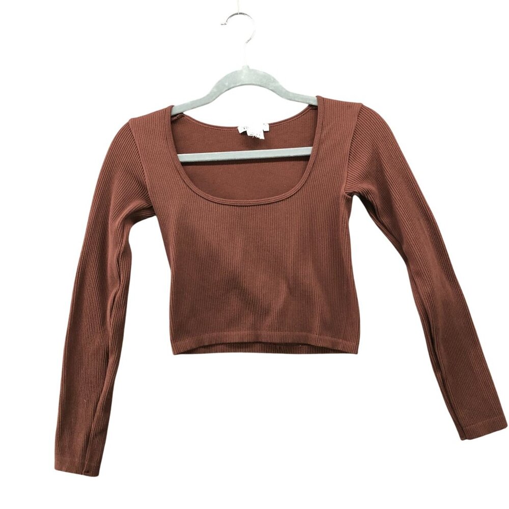 Zara Ribbed Crop Top Womens L Brown Square Neck Long Sleeve‎ Fitted Yoga